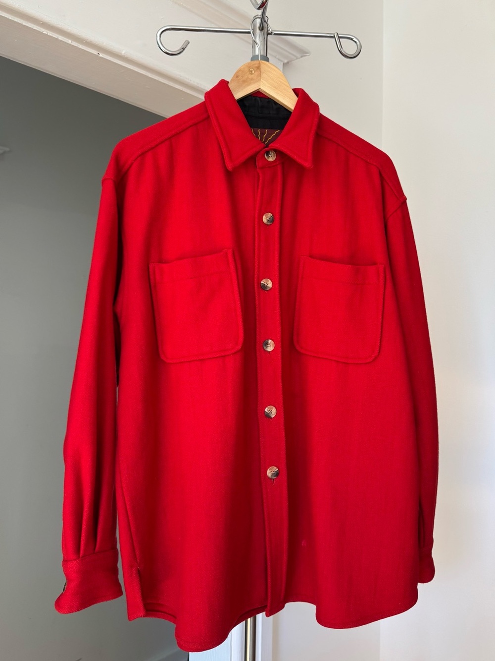 Classic Red Button-Front Y2K Vintage Bright Red Wool Shacket / Jacket